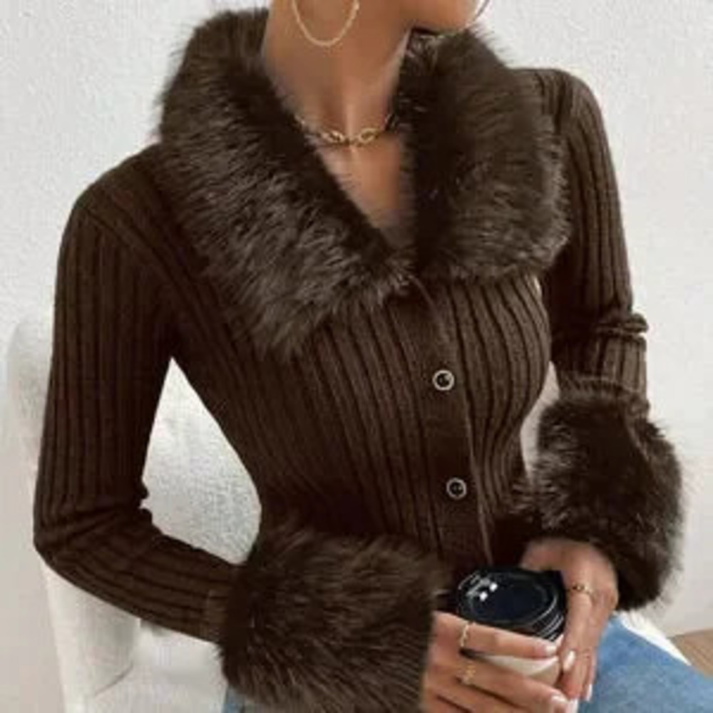 ZARA Coffee Brown Casual Women's Borg Collar Fuzzy Cuff Cardigan